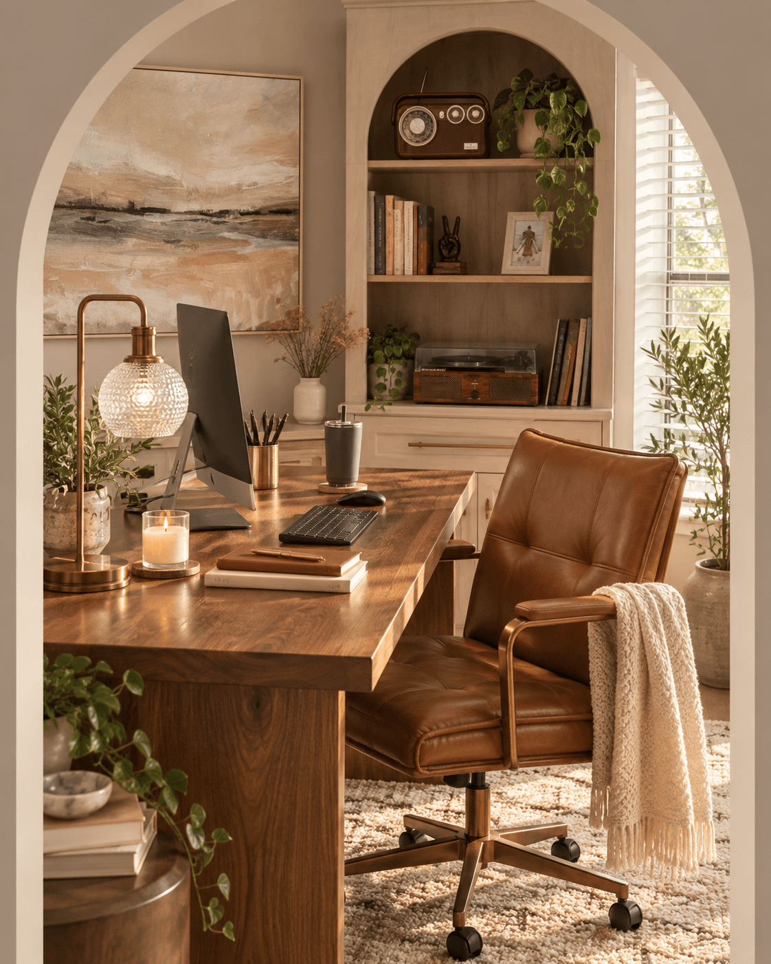 A warm workspace with a wooden desk, books, vintage details, and a cognac leather chair